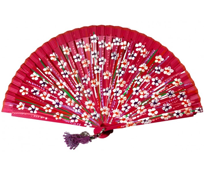 Abanico de madera de 21cm pintado a mano y abalorio,...