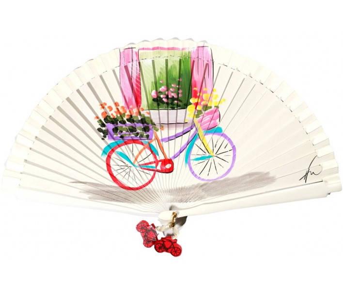 Abanico de madera de 21cm pintado a mano y abalorio,...