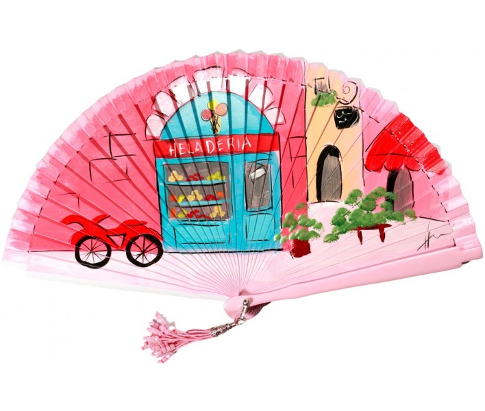 Abanico de madera de 21cm pintado a mano y abalorio,...