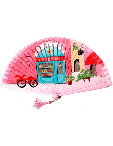 Abanico de madera de 21cm pintado a mano y abalorio,  diseño "heladeria"
