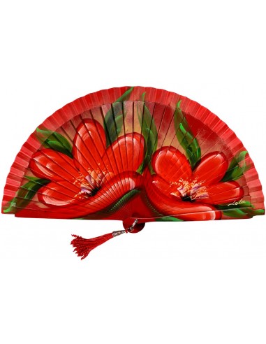 Abanico de madera de 21cm pintado a mano y abalorio,  diseño "flores" color rojo