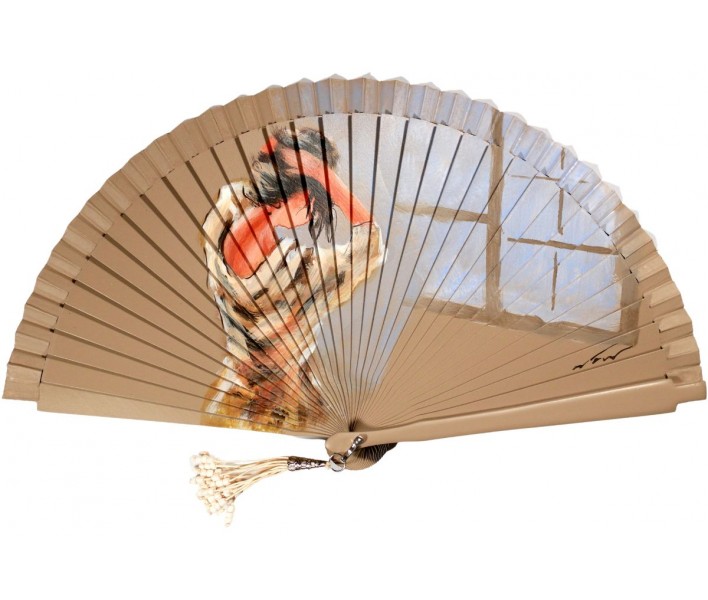 Abanico de madera de 21cm pintado a mano y abalorio,...