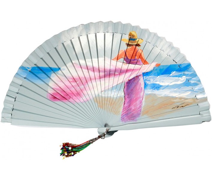 Abanico de madera de 21cm pintado a mano y abalorio,...