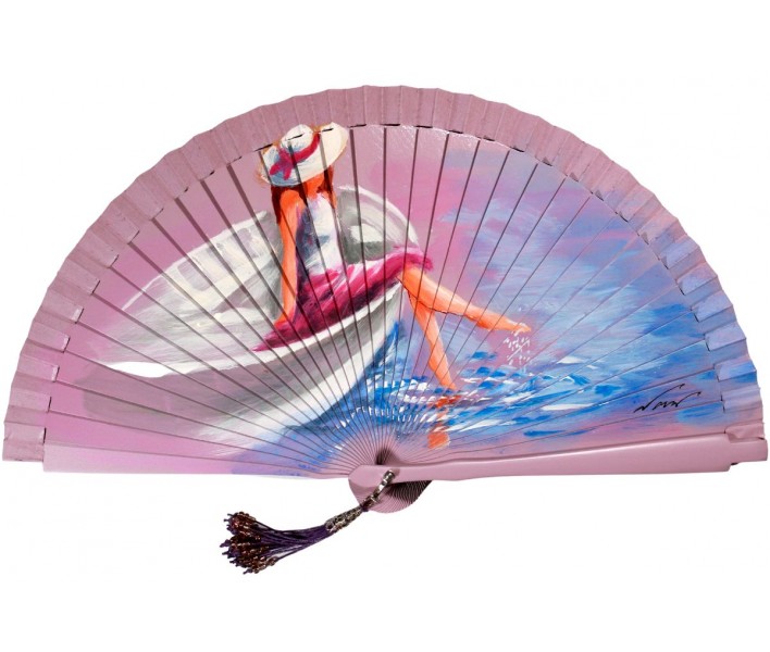 Abanico de madera de 21cm pintado a mano y abalorio,...