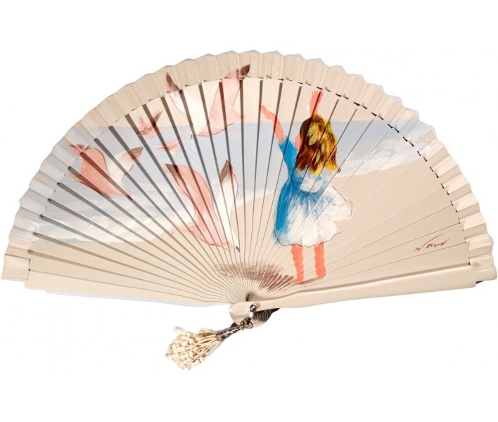 Abanico de madera de 21cm pintado a mano y abalorio,...