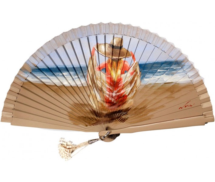 Abanico de madera de 21cm pintado a mano y abalorio,...