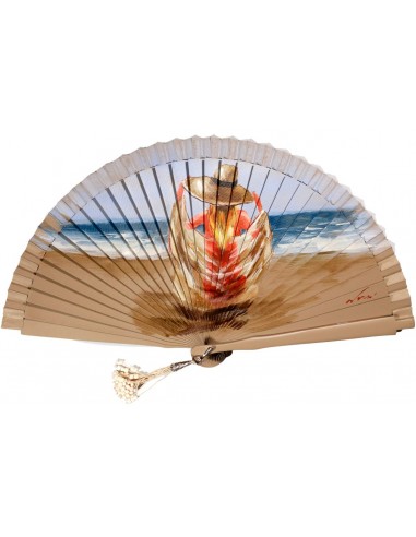 Abanico de madera de 21cm pintado a mano y abalorio,  diseño "chica sentada playa"