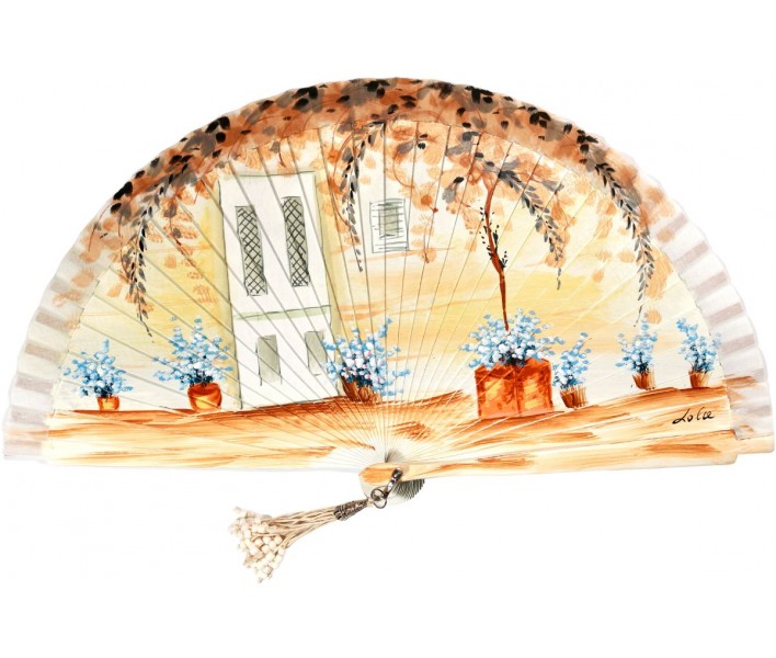 Abanico de madera de 21cm pintado a mano y abalorio,...