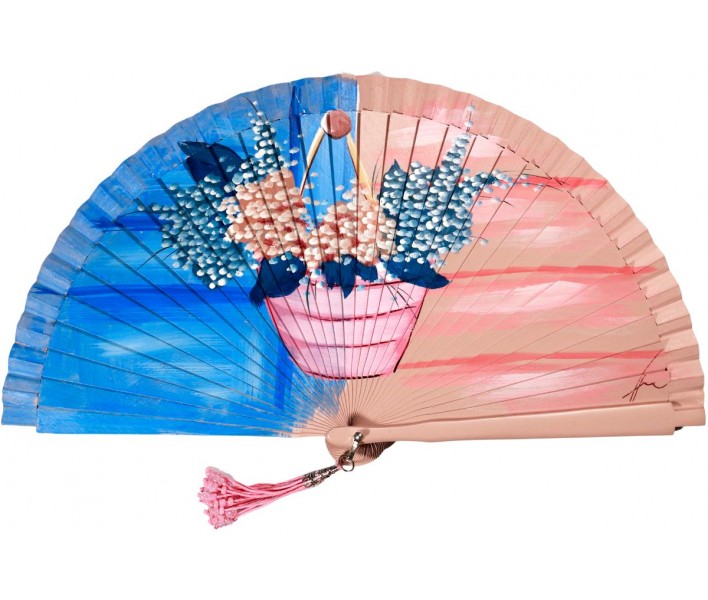 Abanico de madera de 21cm pintado a mano y abalorio,...