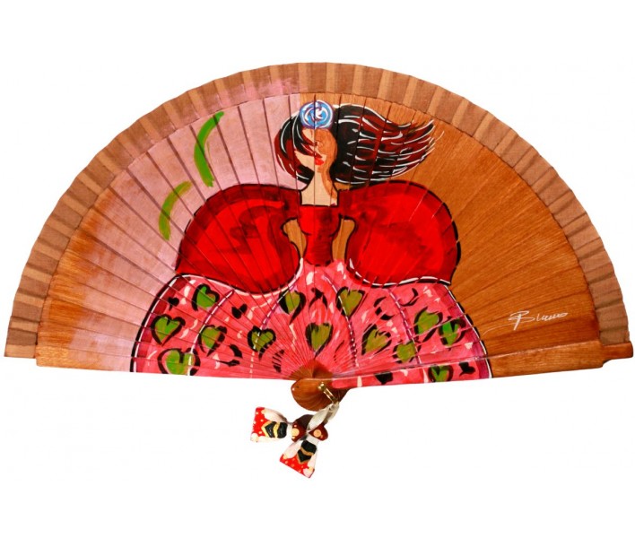 Abanico de madera de 21cm pintado a mano y abalorio,...