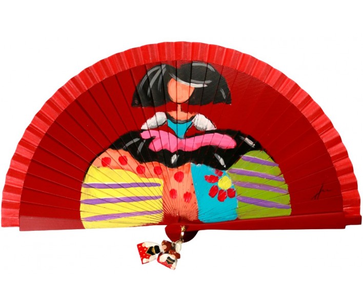 Abanico de madera de 21cm pintado a mano y abalorio,...