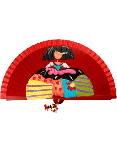 Abanico de madera de 21cm pintado a mano y abalorio,  diseño "menina"