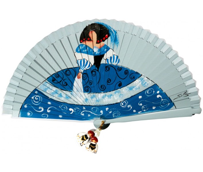 Abanico de madera de 21cm pintado a mano y abalorio,...