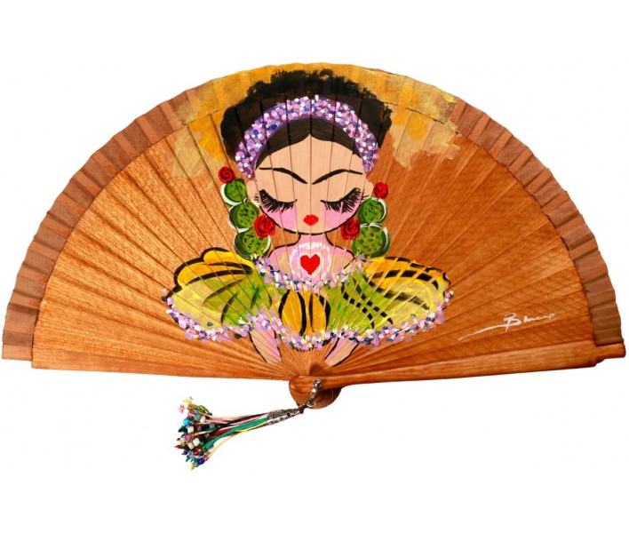 Abanico de madera de 21cm pintado a mano y abalorio,...