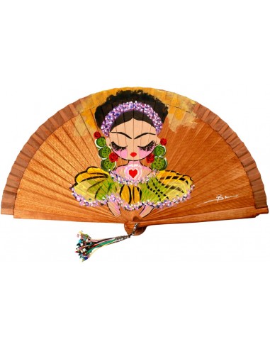 Abanico de madera de 21cm pintado a mano y abalorio,  diseño "Frida"