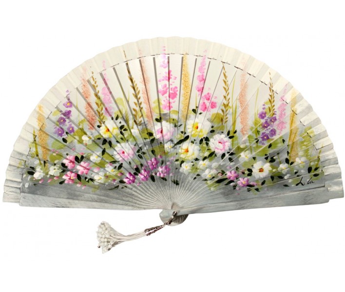 Abanico de madera de 21cm pintado a mano y abalorio,...