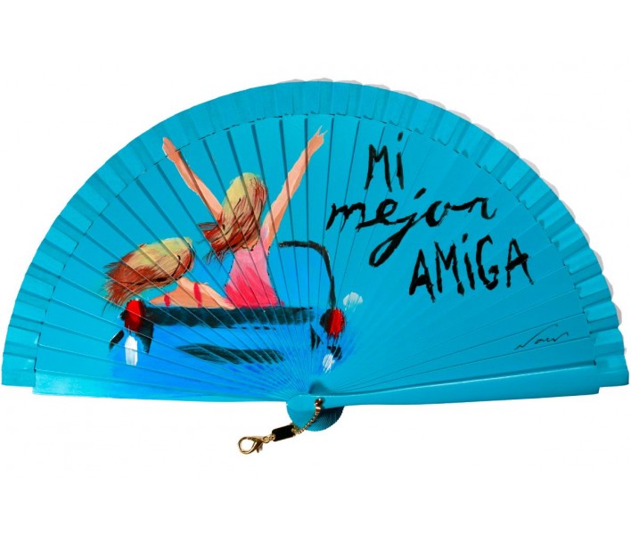 Abanico de madera de 21cm pintado a mano y abalorio,...