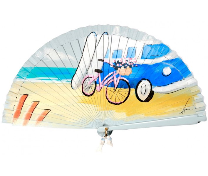 Abanico de madera de 21cm pintado a mano y abalorio,...