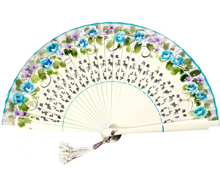 Abanico de madera de 19cm pintado a mano y abalorio,...