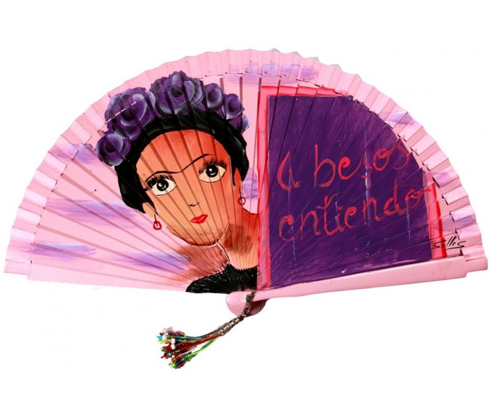 Abanico de madera de 21cm pintado a mano y abalorio,...