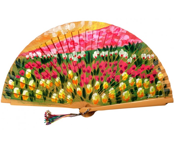 Abanico de madera de 21cm pintado a mano y abalorio,...