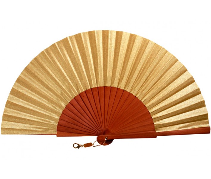 Abanico de madera de 23cm pulido,  tela dorada