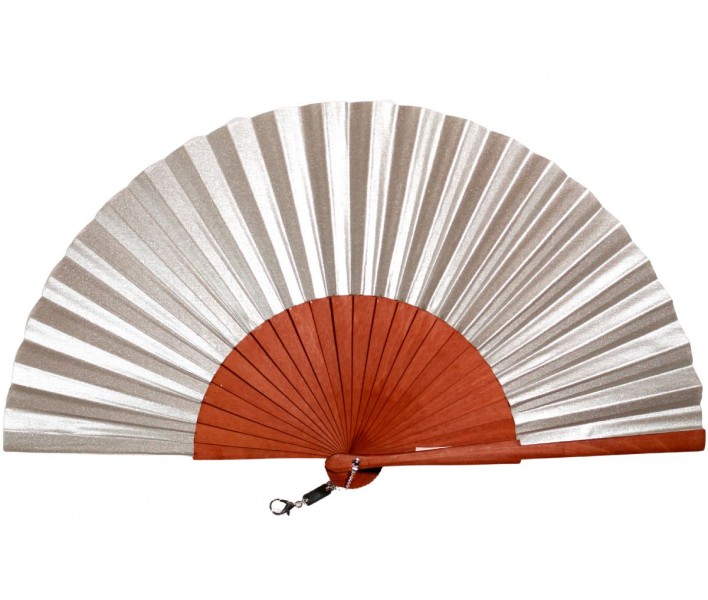 Abanico de madera de 23cm pulido,  tela plata