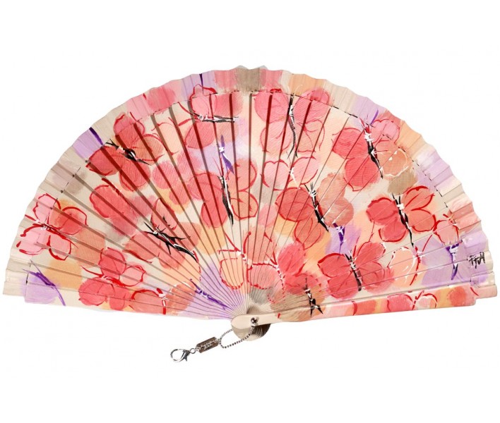 Abanico de madera de 21cm pintado a mano y abalorio,...
