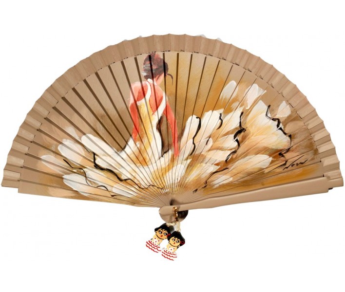 Abanico de madera de 21cm pintado a mano y abalorio,...