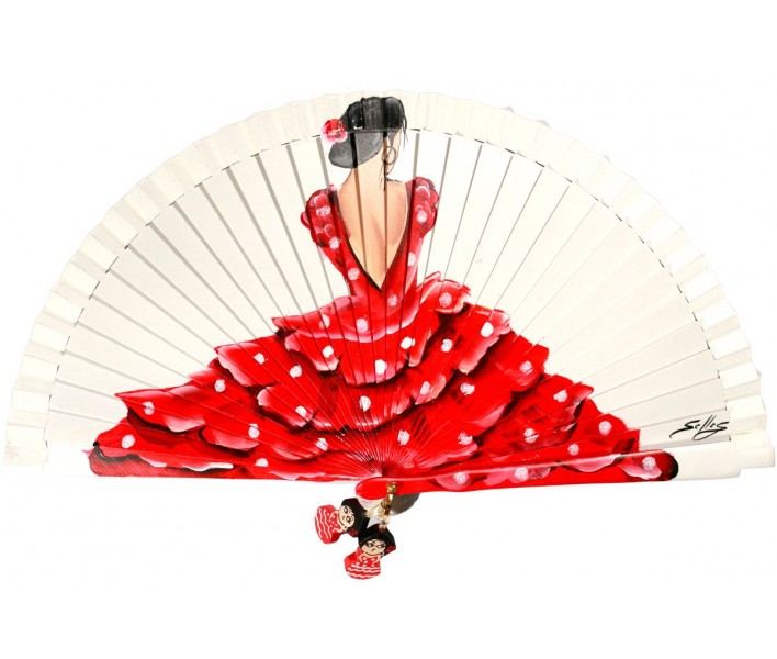 Abanico de madera de 21cm pintado a mano y abalorio,...