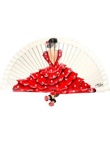 Abanico de madera de 21cm pintado a mano y abalorio,  diseño "flamenca"