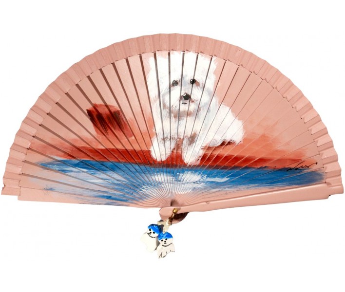 Abanico de madera de 21cm pintado a mano y abalorio,...