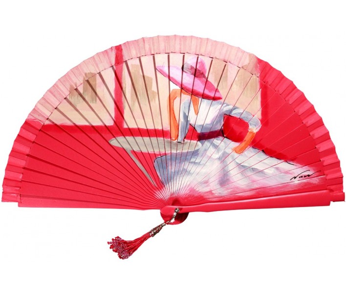 Abanico de madera de 21cm pintado a mano y abalorio,...