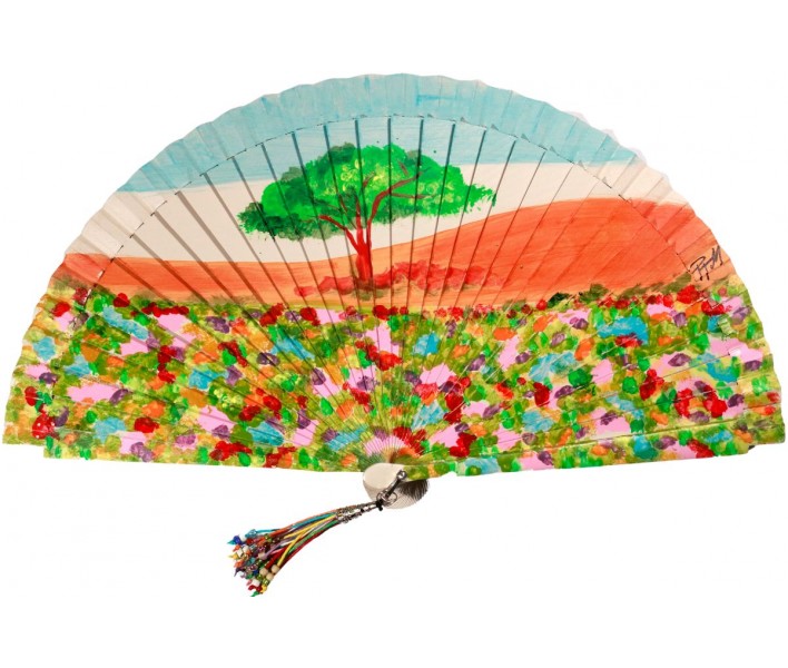 Abanico de madera de 21cm pintado a mano y abalorio,...