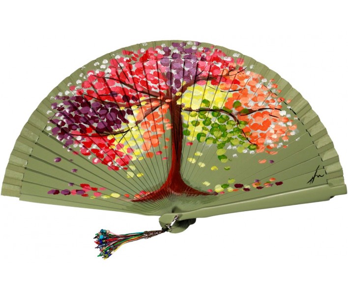 Abanico de madera de 21cm pintado a mano y abalorio,...