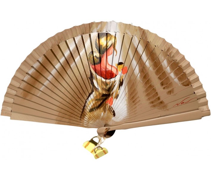 Abanico de madera de 21cm pintado a mano y abalorio,...