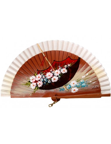 Abanico de madera de 23cm pintado a mano y abalorio,  diseño "paraguas con flores"