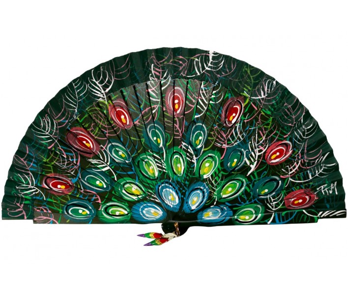 Abanico de madera de 23cm pintado a mano y abalorio,...