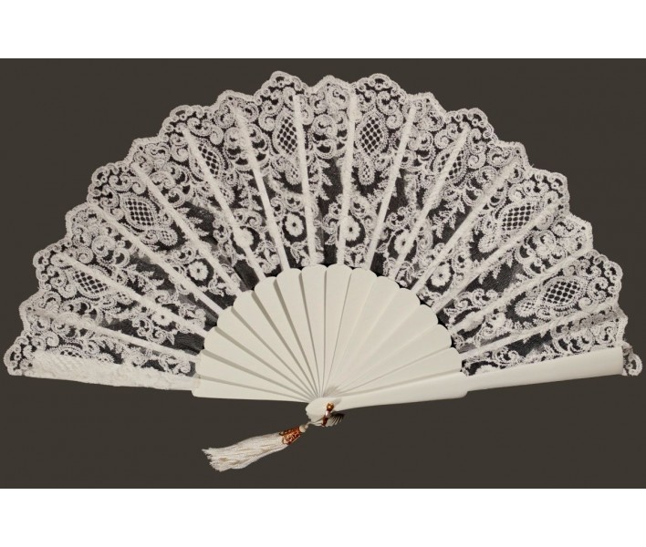 Abanico de ceremonia o fiesta de madera con puntilla de...