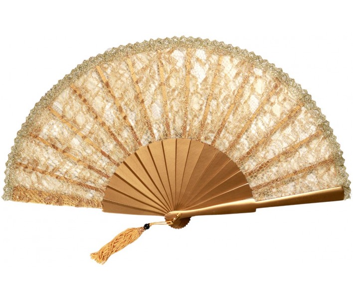 Abanico de ceremonia o fiesta de madera con puntilla de...