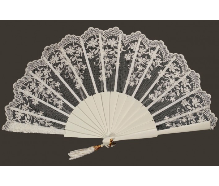 Abanico de ceremonia o fiesta de madera con puntilla de...