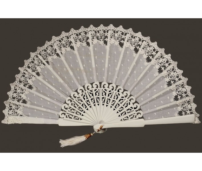 Abanico de ceremonia o fiesta de madera con puntilla...