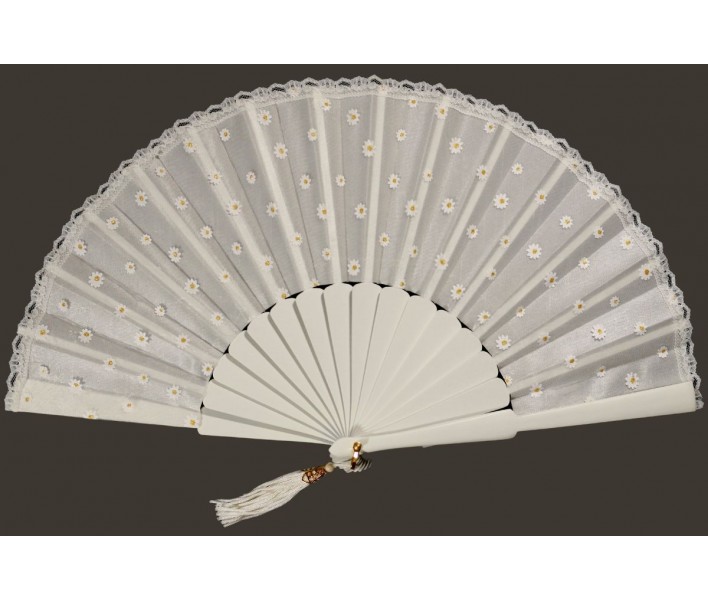 Abanico de ceremonia o fiesta de madera con blonda de 23 cm
