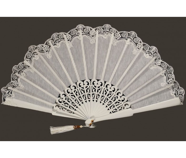 Abanico de ceremonia o fiesta de madera con puntilla de...