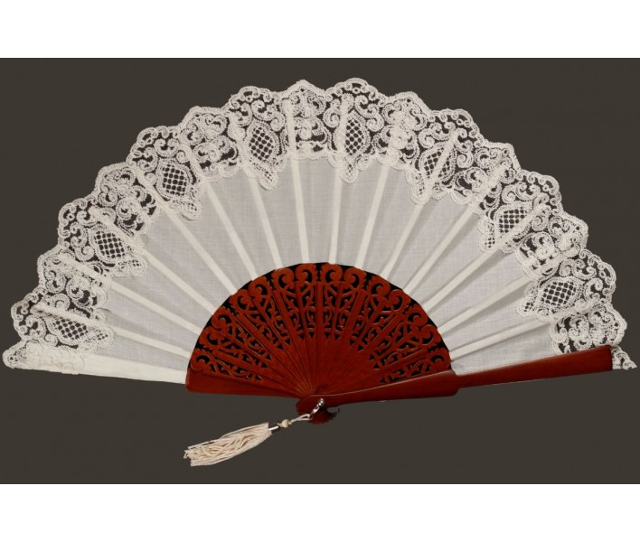 Abanico de ceremonia o fiesta de madera con puntilla de...